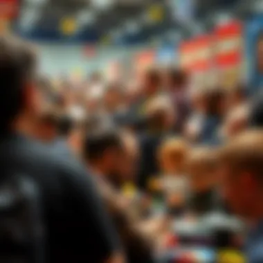 A vibrant LEGO fan convention with enthusiasts admiring collectibles