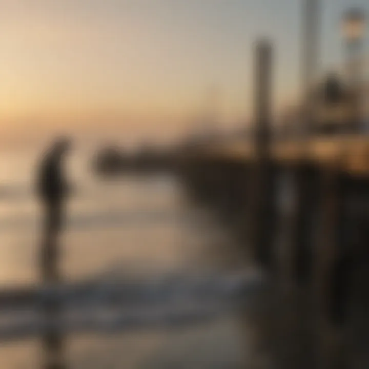 Fisherman casting a line with precision off a bustling pier