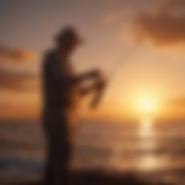 Prized catch being reeled in against a vibrant sunset backdrop