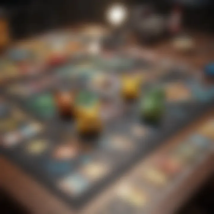 A strategic gameplay scene featuring Pokémon cards laid out on a game table.