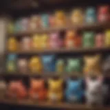 A vibrant collection of Pokémon Center plush toys displayed on a shelf, showcasing their variety and charm.