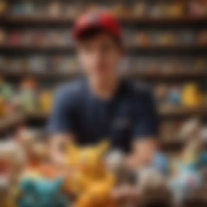 A dedicated Pokémon fan proudly displaying their extensive plush collection.