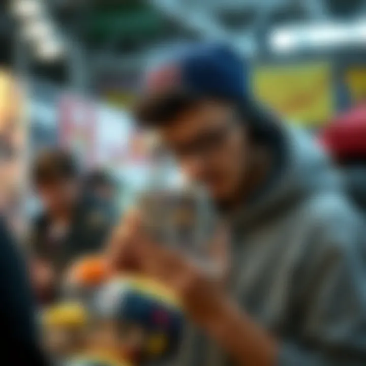 Enthusiast at a Collector's Fair An enthusiast examining a rare sports Funko Pop at a collector's fair