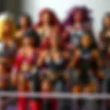 A collection of WWE women's action figures showcasing diverse characters.