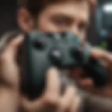 A gamer using the Xbox Handicap Controller in an immersive gameplay setting