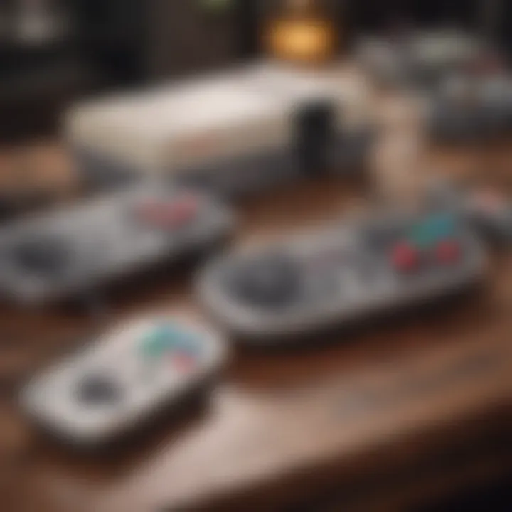 Vintage Nintendo game console surrounded by classic controllers