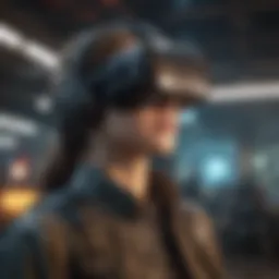 Virtual reality headset displaying futuristic FPS game scene