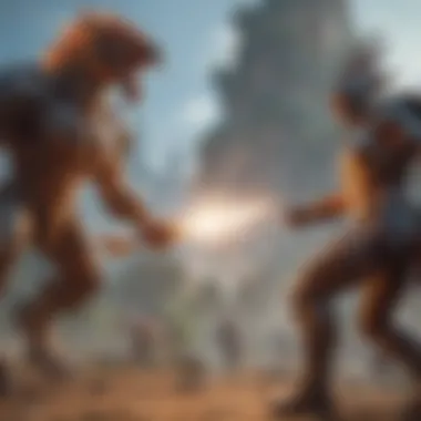 Epic Battles in Fenyx Rising A dynamic action scene depicting Fenyx engaging in combat against mythical creatures