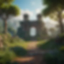 A breathtaking landscape of Fenyx Rising showcasing lush greenery and ancient ruins