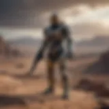 Warrior in futuristic armor standing amidst a barren wasteland