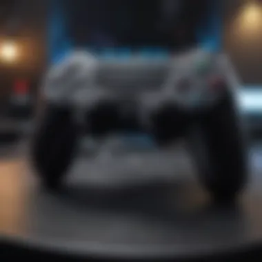 Enhance Your Gaming Experience A sleek PlayStation controller resting on a vibrant gaming setup