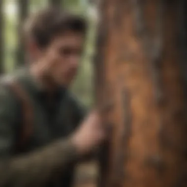 A hunter carefully studying the intricacies of tree bark