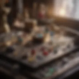 A close-up of a jeweler's workstation showcasing tools and gemstones