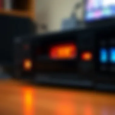 An old VCR player with a tape inserted, emitting a soft glow