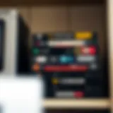 A collection of vintage VCR tapes stacked on a shelf