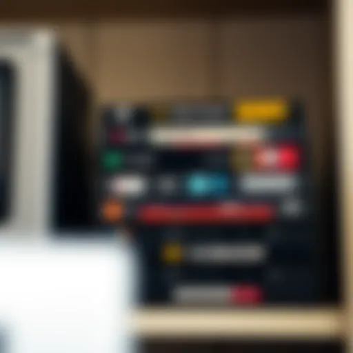 A collection of vintage VCR tapes stacked on a shelf