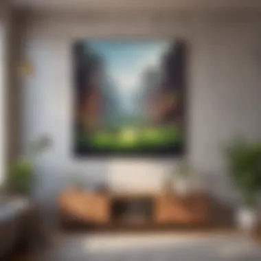 Artistic Minecraft-inspired wall art in a stylish living room