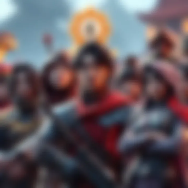 A vibrant in-game scene showcasing a diverse group of characters in an MMORPG environment