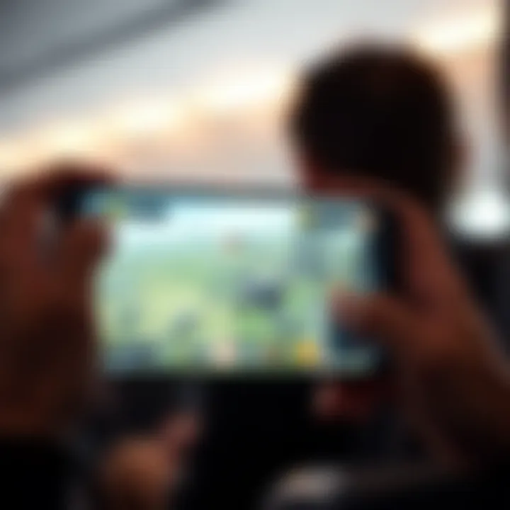 A close-up of a smartphone displaying a captivating mobile game during a flight