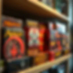 An array of Magic: The Gathering booster boxes displayed on a shelf, showcasing various sets.