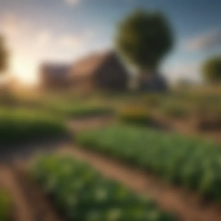 A vibrant virtual farm landscape showcasing diverse crops and structures