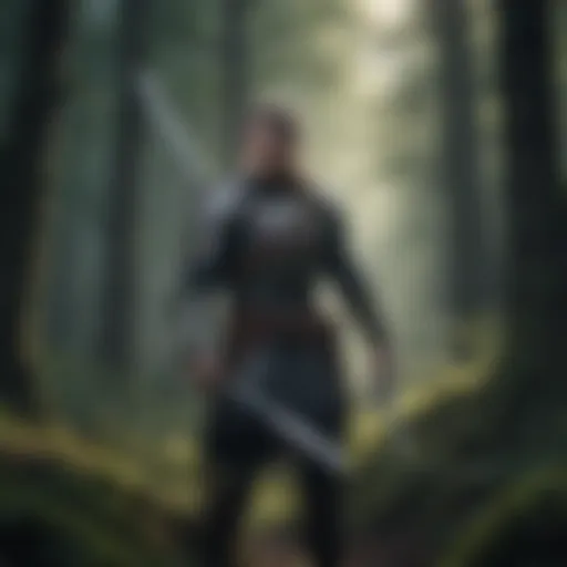 Warrior wielding a magical sword in a mystical forest