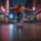 Dynamic skateboarding tricks in a neon cityscape