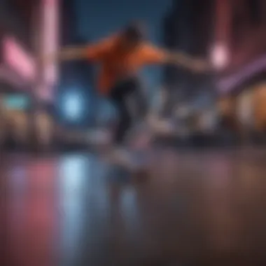 Dynamic skateboarding tricks in a neon cityscape