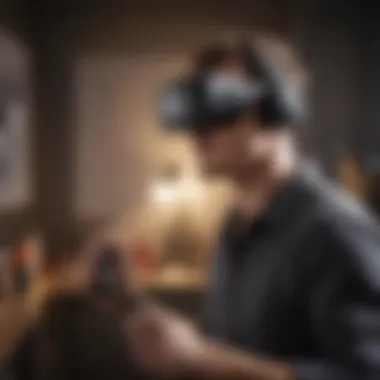 User interacting with Oculus VR headset while immersed in a virtual environment