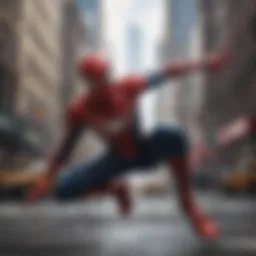 A vibrant depiction of Spider-Man swinging through a bustling New York City.