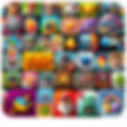 A vibrant mobile gaming collage showcasing various popular free game icons