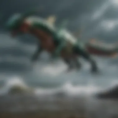 Legendary Pokemon Rayquaza emerging from a stormy sky