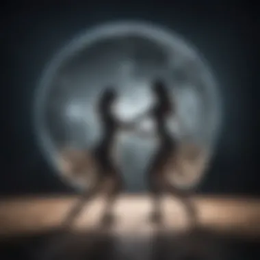 Shadow play of two dancers intertwined under moonbeams