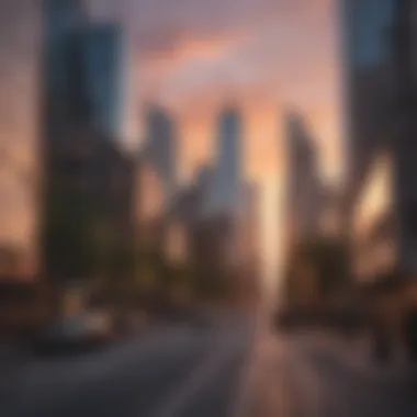 Financial District Ambiance for Prosperity Sleek financial district skyline at sunset