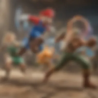 A vibrant depiction of iconic characters from Super Smash Bros Ultimate in action.