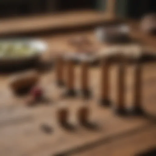 Historical cork bobbers displayed on a wooden table