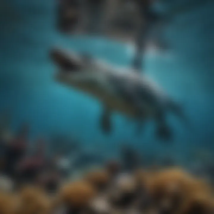 An artistic representation of a Mosasaur swimming gracefully among marine life.