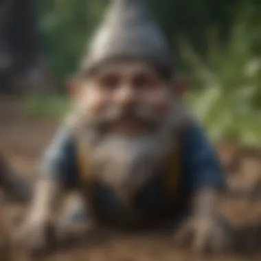 A close-up of a gnome statue covered in dirt and grime