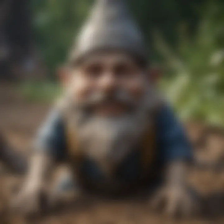 A close-up of a gnome statue covered in dirt and grime