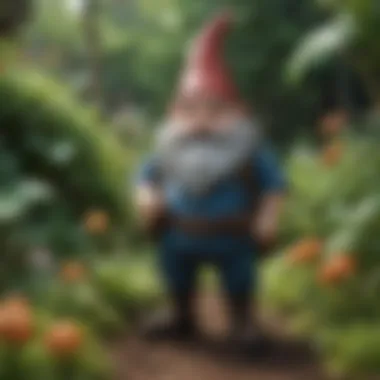 A whimsical gnome in a lush garden, revealing hidden chaos