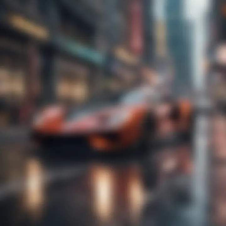 Sleek sports car racing through futuristic cityscape