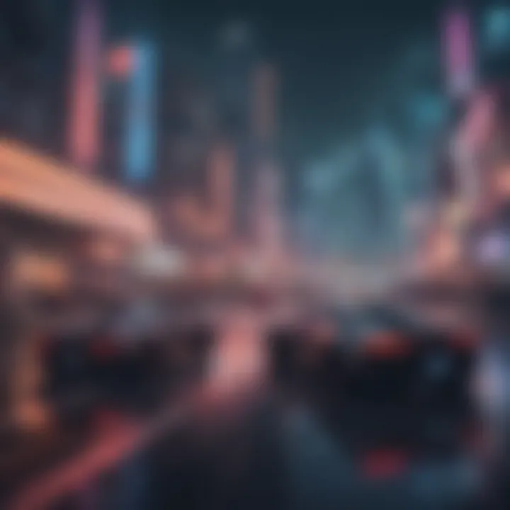 Futuristic cityscape with neon lights and flying hovercars