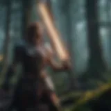 Warrior with glowing sword in mystical forest